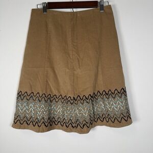 Boden US 6 Corduroy Embroidered Skirt Tan Blue Zig Zig Lined Fall CottageCore